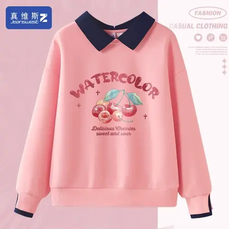 真维斯Z+粉色卫衣女春秋薄款假两件上衣小众设计感外套polo领女装商品大图