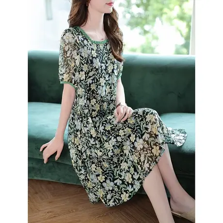 宝诗黎方领木耳边中长碎花裙子2024年夏季新款短袖休闲雪纺连衣裙商品大图