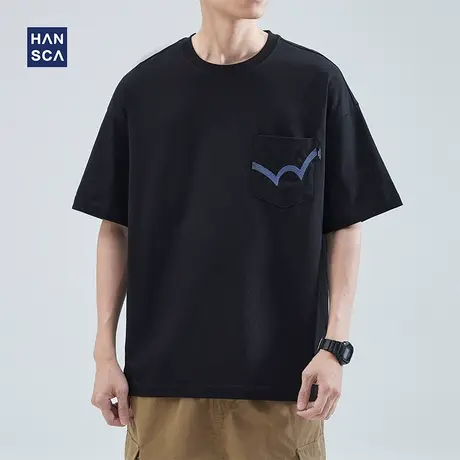 hansca 黑色短袖t恤男青少年夏季潮牌胸袋宽松休闲纯棉五分袖上衣商品大图