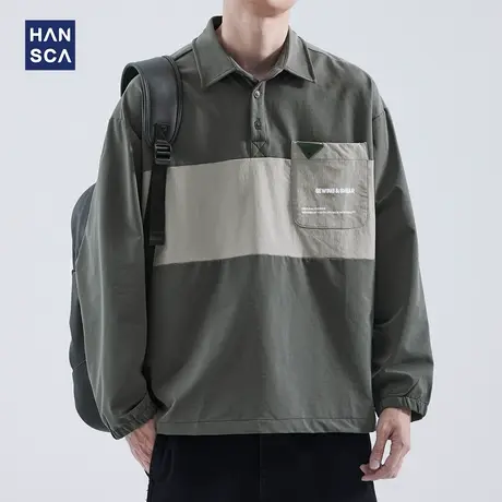 hansca日系拼接撞色Polo领衬衫男士秋季新款复古潮牌简约长袖上衣商品大图
