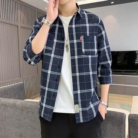 男士格子衬衫2023初春新款七分袖衬衣休闲褂子舒适中袖男装上衣服商品大图