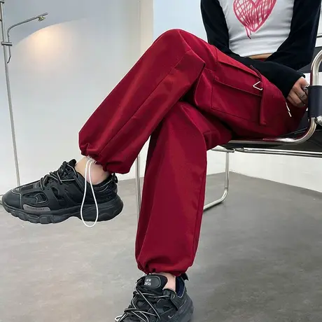 酒红色美式工装裤女2024春秋高腰登山裤抽绳束脚两穿休闲直筒裤子商品大图