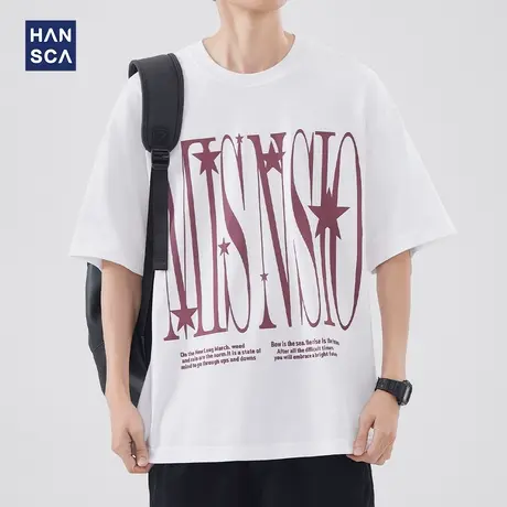 hansca 高街圆领短袖T恤男夏季新款美式潮牌廓形印花宽松百搭上衣商品大图