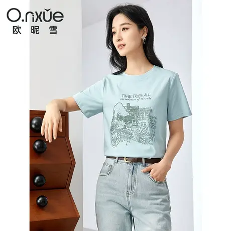 欧昵雪2024夏装新款T恤女短袖圆领薄款时尚设计绣花小众印花上衣商品大图
