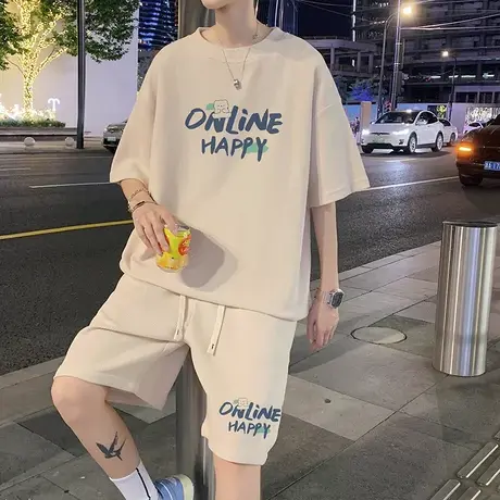 华夫格短裤男夏季潮牌ins港风宽松休闲五分中裤子直筒运动裤套装商品大图