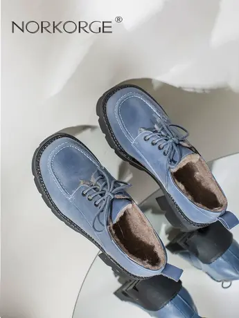 2023新款冬季复古真毛粉色毛毛鞋真皮粗跟小皮鞋厚底防滑小短靴女商品大图