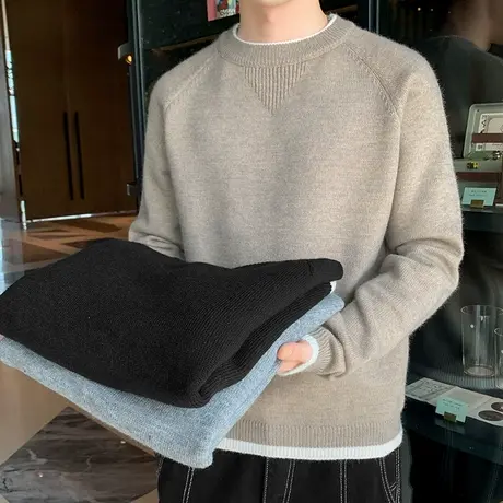 2023新款春秋季潮流圆领毛衣男士宽松加绒加厚冬装打底针织衫线衣商品大图