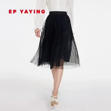 EP YAYING雅莹女装 气质高腰黑色网纱a字半身裙2023新款3402A图片