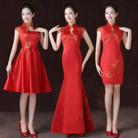 小姐礼仪迎宾青花瓷旗袍礼服红色鱼尾开叉礼仪服迎宾服装女图片