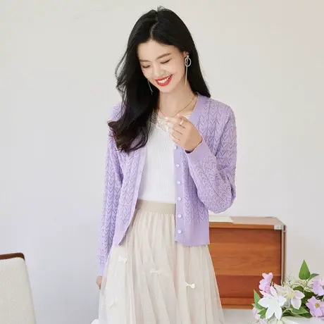 时尚气质百搭拼接针织开衫季新款温柔显瘦通勤V领上衣商品大图