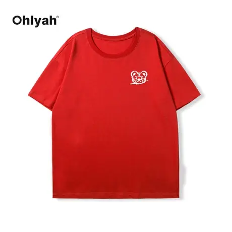 Ohlyah虎年T恤男女红色圆领上衣本命年老虎胸花情侣潮牌套头打底商品大图