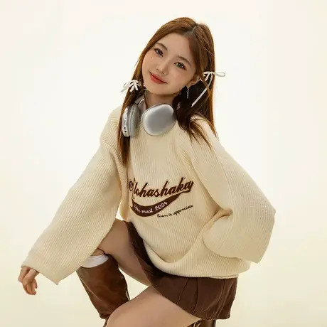 复古慵懒风毛衣女秋冬2023新款韩系印花宽松小个子针织衫外穿上衣商品大图