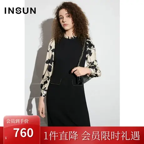 恩裳COVER2023春款新款黑白撞色大碎花假两件舒适针织显瘦连衣裙图片