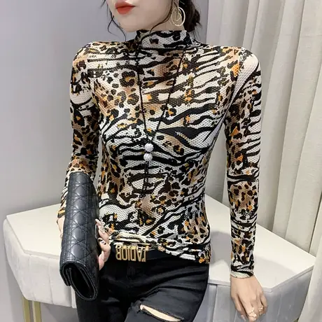 半高领打底衫女长袖春秋2023新款复古印花T恤弹力显瘦内搭上衣潮商品大图