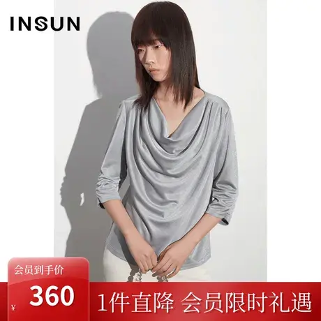 恩裳COVER2023夏季新款气质优雅荡领冰凉舒适袖口抽褶醋酸针织衫商品大图