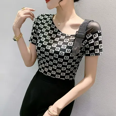 欧货性感网纱拼接T恤女短袖2023夏新款洋气斜领小衫时尚烫钻上衣商品大图