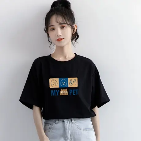 2023年夏季新款卡通印花黑色短袖T恤女宽松百搭圆领体恤上衣ins潮商品大图