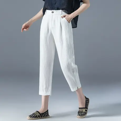 白色棉麻裤子女夏季薄款冰丝亚麻女裤2023新款八分裤九分裤哈伦裤商品大图