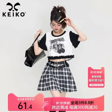 KEIKO【赠双腰带】黑白格子百褶短裙夏季高腰遮胯显瘦a字半身裙子图片