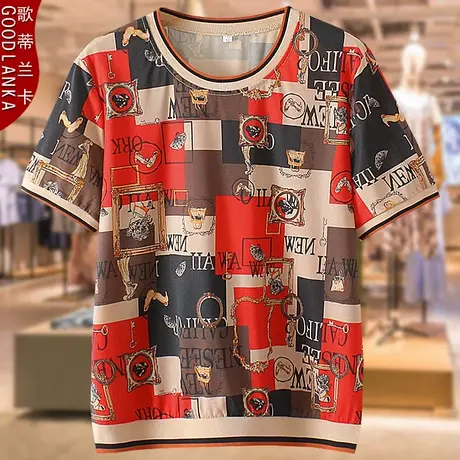 中年四五十岁妈妈夏装冰丝短袖上衣宽松200斤尚加肥加大女花色T恤商品大图