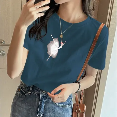宝蓝色纯棉短袖t恤女宽松2023新款夏季跳舞女孩正肩体恤半袖上衣图片