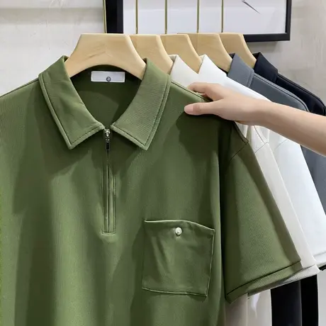 肌理感新款口袋短袖polo衫男装 夏季宽松美式休闲拉链翻领T恤上衣商品大图