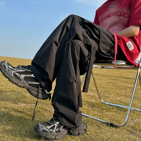 多巴胺穿搭荧光绿速干冰丝男裤子夏季薄款降落伞兵工装裤潮牌大码商品大图