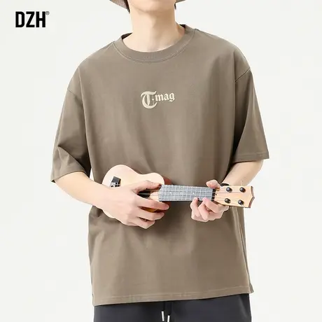 男士咖色圆领t恤男短袖纯棉夏季印花上衣2023新款夏天体恤五分袖商品大图