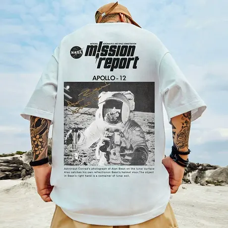 2023新款国潮t恤胖子男潮ins短袖潮牌宽松夏宇航员大码nasa五分袖商品大图