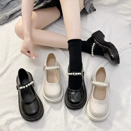 法式复古英伦风小皮鞋女2023春新款珍珠一字带厚底白色玛丽珍单鞋商品大图