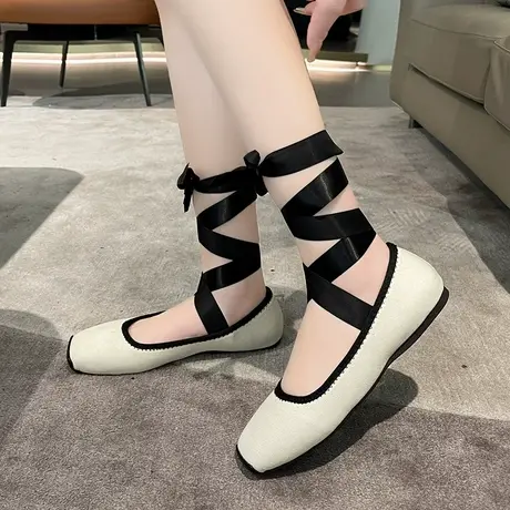 小众设计绑带芭蕾舞鞋女2023年新款春夏季浅口方头软底玛丽珍单鞋商品大图