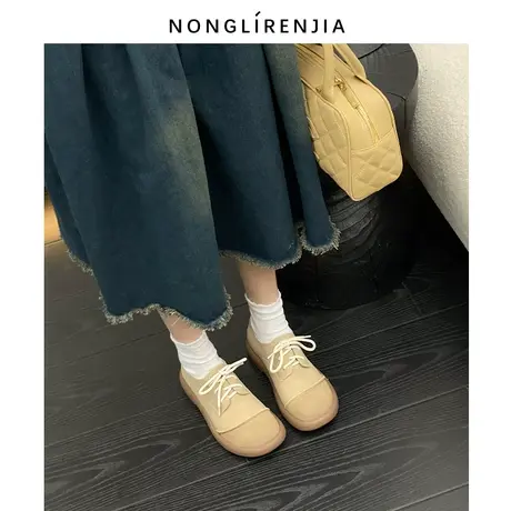 弄里人佳大码女鞋41-43单鞋春新款复古文艺系带平底鞋40 42脚宽胖图片