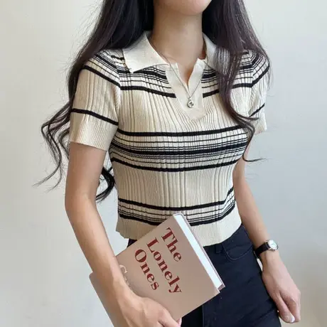 2024年新款复古条纹宽松POLO领短袖t恤针织衫女夏季甜美别致上衣图片