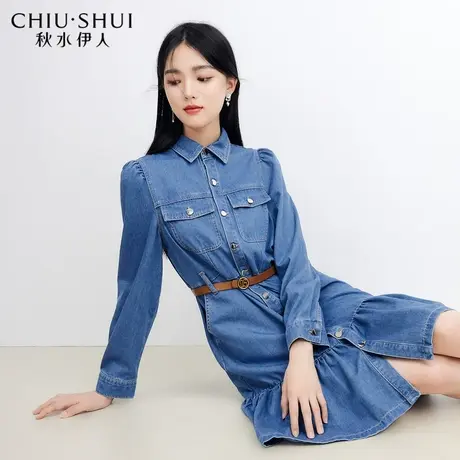 秋水伊人气质牛仔连衣裙2023秋季新款女士收腰简约优雅长袖裙子图片