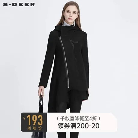 sdeer圣迪奥冬季高领连帽斜襟做旧磨破黑色毛呢大衣女S20481703图片