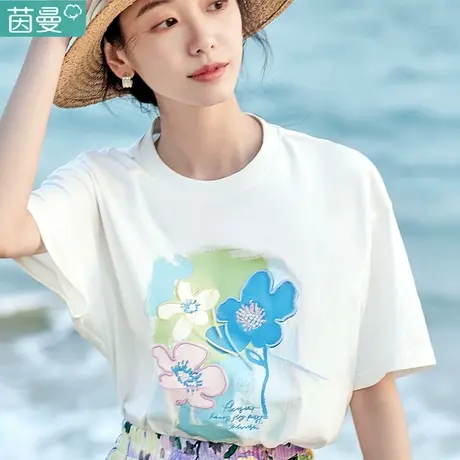 茵曼官方旗舰店文艺休闲短袖T恤2023新款宽松白色上衣夏天女款图片