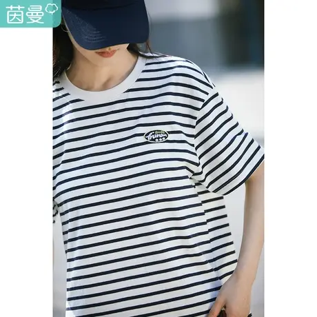 茵曼条纹圆领T恤女2023年夏季新款套头休闲宽松显瘦纯棉短袖上衣图片