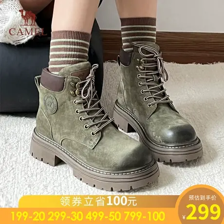 骆驼工装靴2023秋季新款粉色短靴户外登山鞋踢不烂大黄靴女马丁靴商品大图