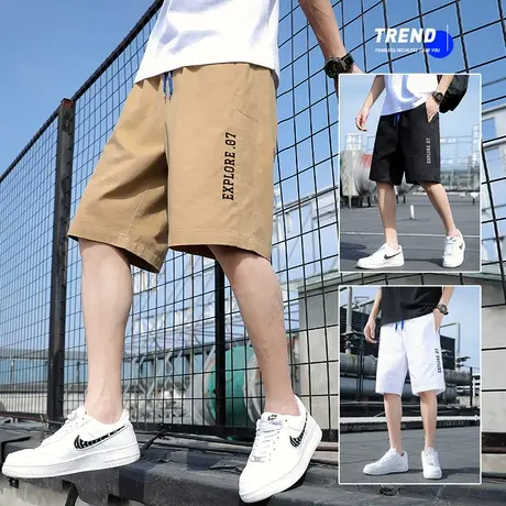 纯棉休闲短裤男士夏季潮牌字母刺绣直筒五分裤子男青少年运动中裤商品大图