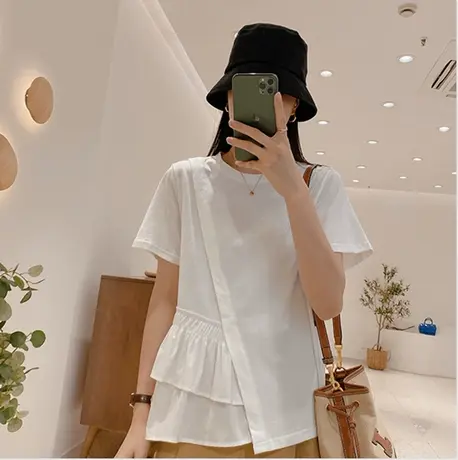 2023新款不规则下摆拼接T桖女夏设计感小众纯色圆领短袖小衫上衣商品大图
