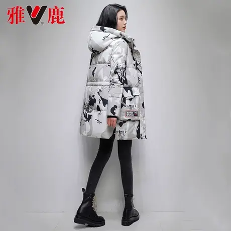 雅鹿羽绒服女小个子宽松2022冬季新款连帽迷彩保暖加厚短款外套潮商品大图