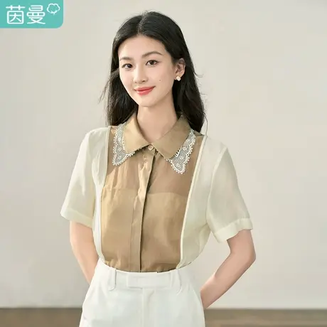 【商场同款】茵曼莱赛尔衬衣2023秋季女装新款花边翻领短袖上衣商品大图