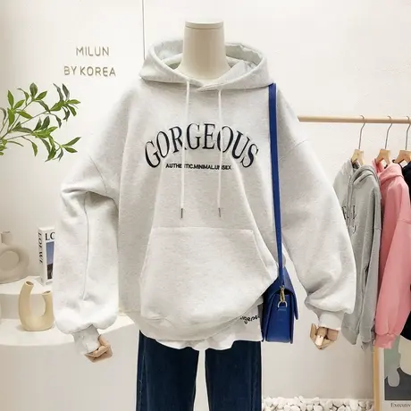 2022春季新款韩国东大门百搭刺绣字母连帽卫衣慵懒休闲宽松大码女商品大图