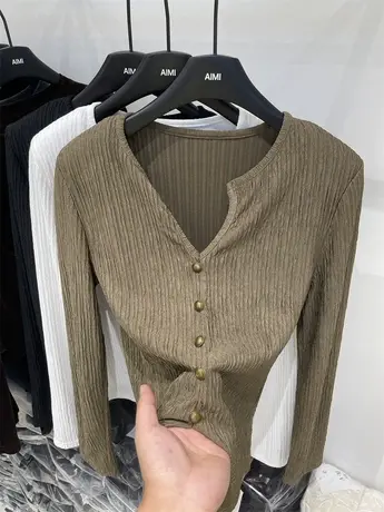 V领钉珠垫肩长袖T恤女2023秋新款气质肌理感褶皱开叉打底衫上衣潮商品大图