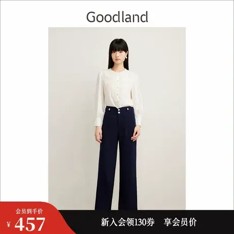Goodland美地女装秋季法式钩花镂空蕾丝拼接圆领长袖衬衫上衣商品大图