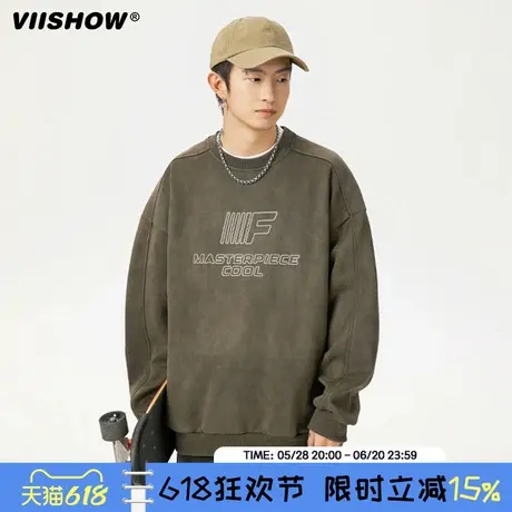 VIISHOW重磅麂皮绒圆领卫衣秋款复古高街潮牌情侣宽松长袖外套男图片