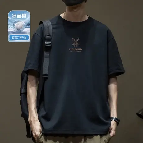 夏季凉感冰丝棉印花短袖T恤男2025新款宽松大码潮牌印花半袖体恤商品大图