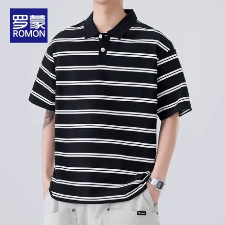 罗蒙翻领短袖POLO衫男士夏季薄款2025新款宽松条纹T恤休闲上衣服商品大图