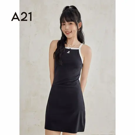 A21女装无领吊带针织连衣裙夏季纯色简约性感小黑裙图片