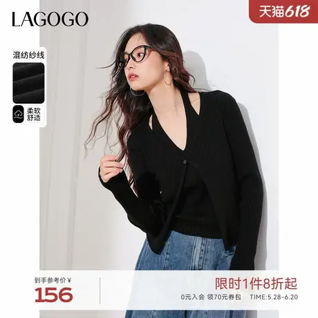 LAGOGO柔软舒适假两件套挂脖毛针织衫女拉谷谷春秋新款设计感毛衣商品大图